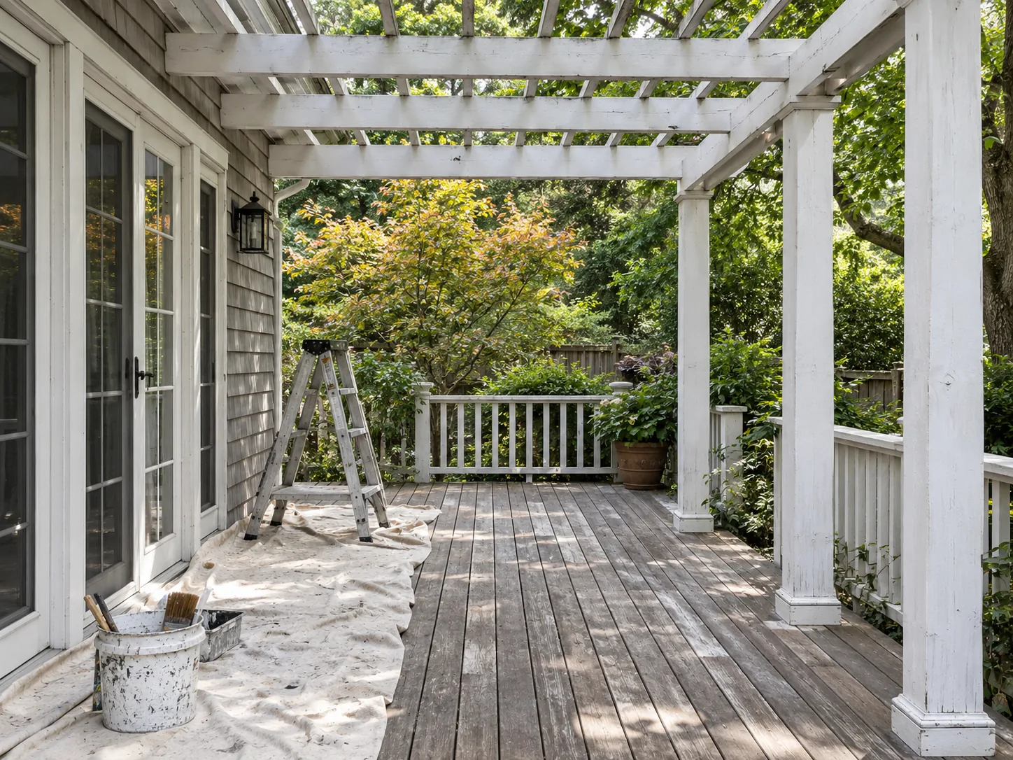 Deck and pergola prepared for restoration