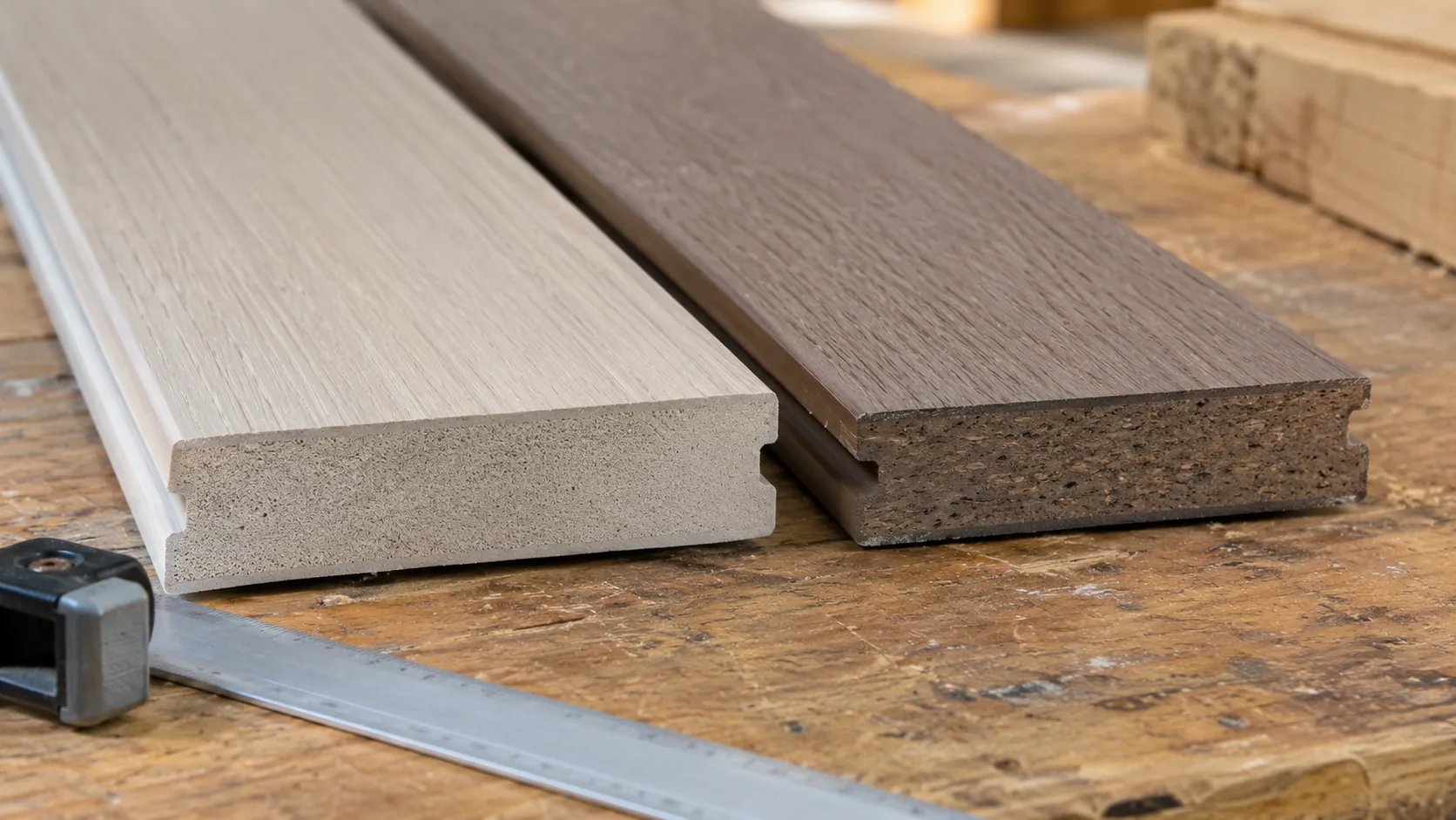 PVC and composite decking samples with visible cut ends
