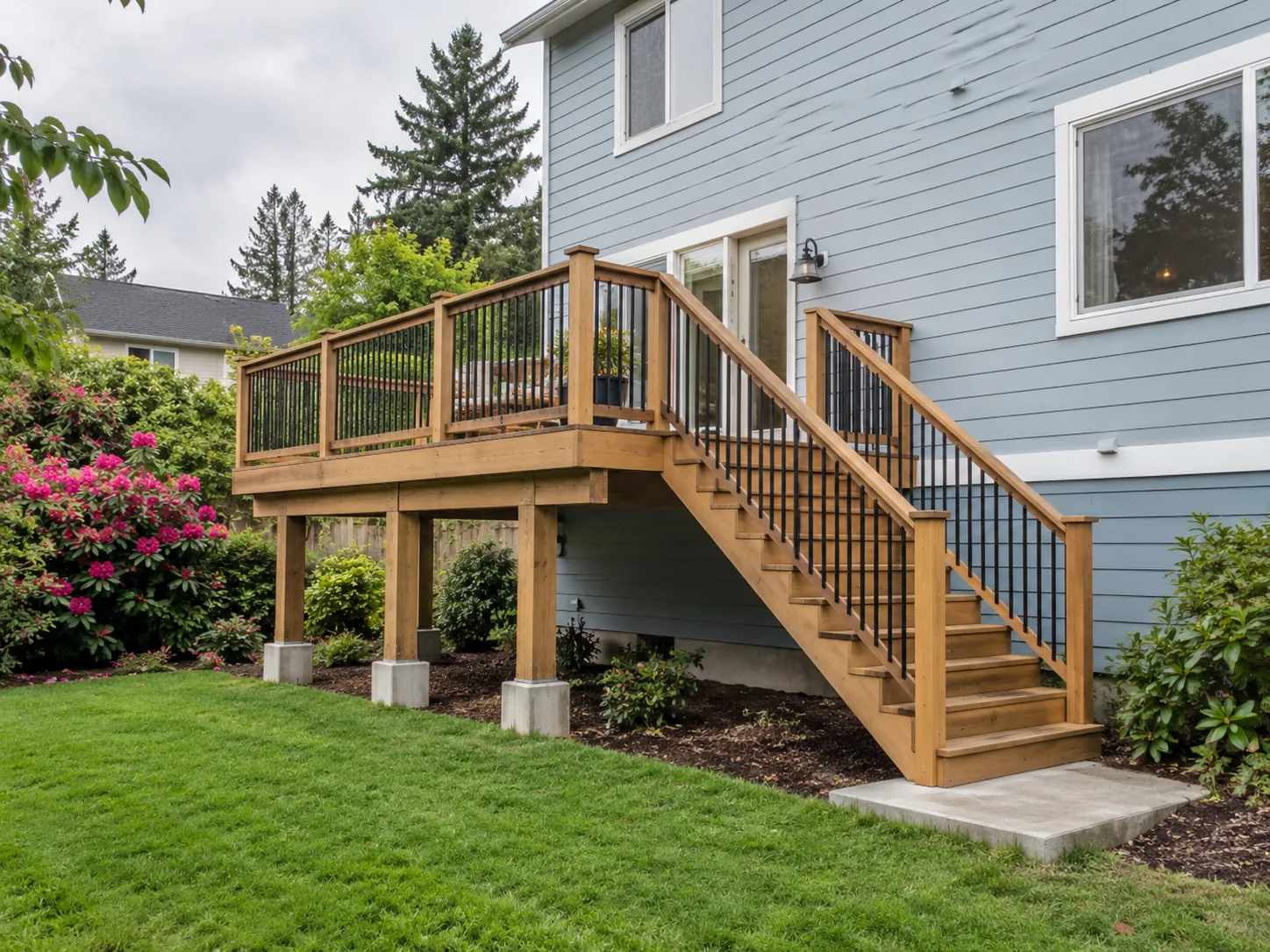 Raised deck and stairs with black metal railings