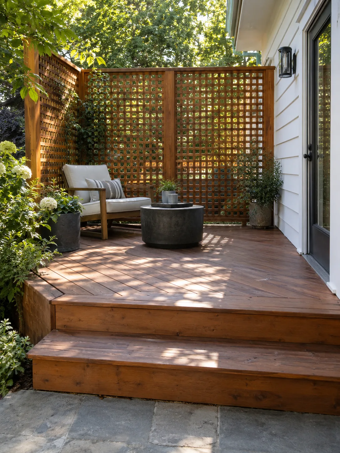 Cedar deck steps with a lattice privacy screen