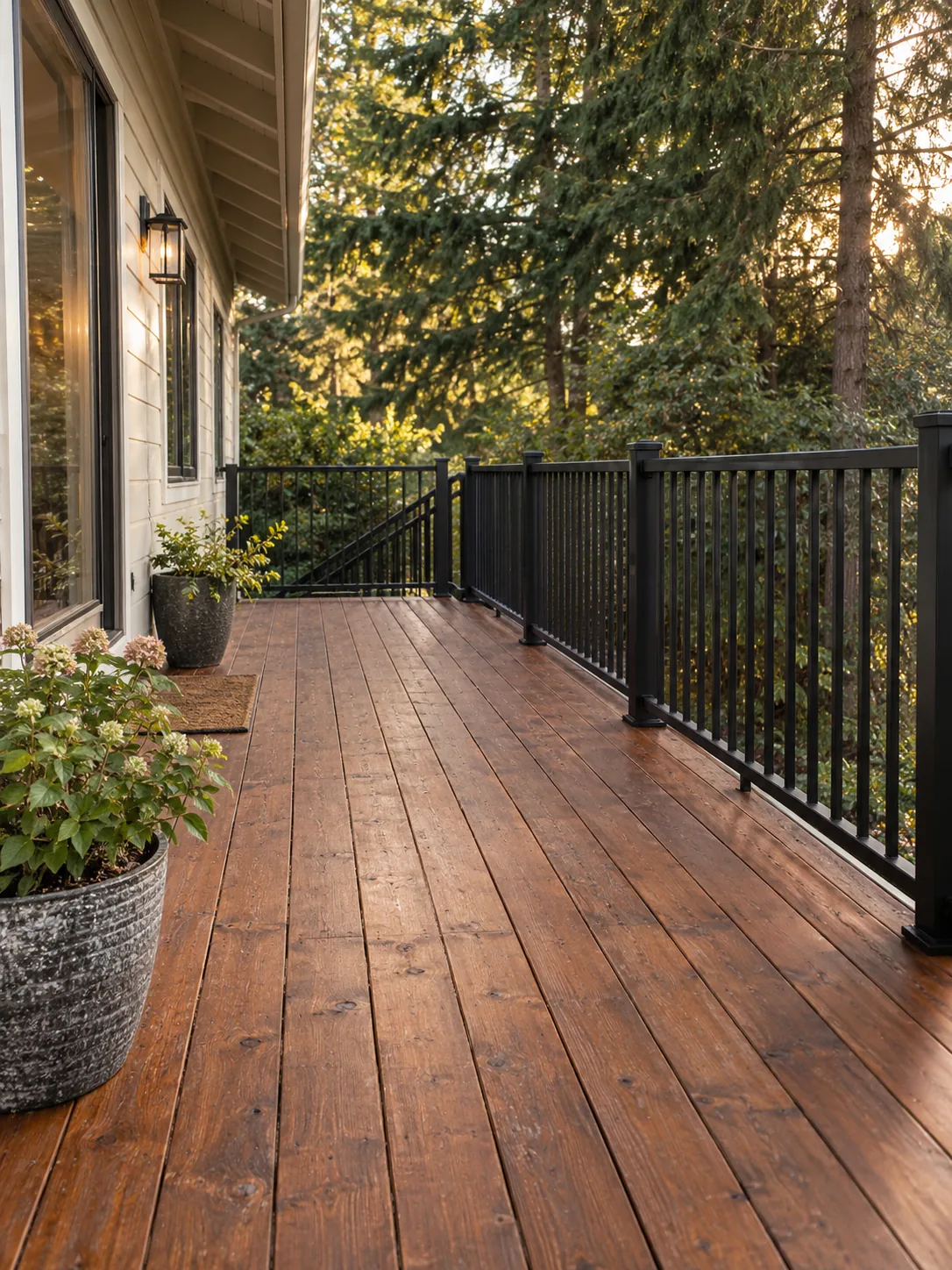 Reddish-brown wood deck with black metal railings