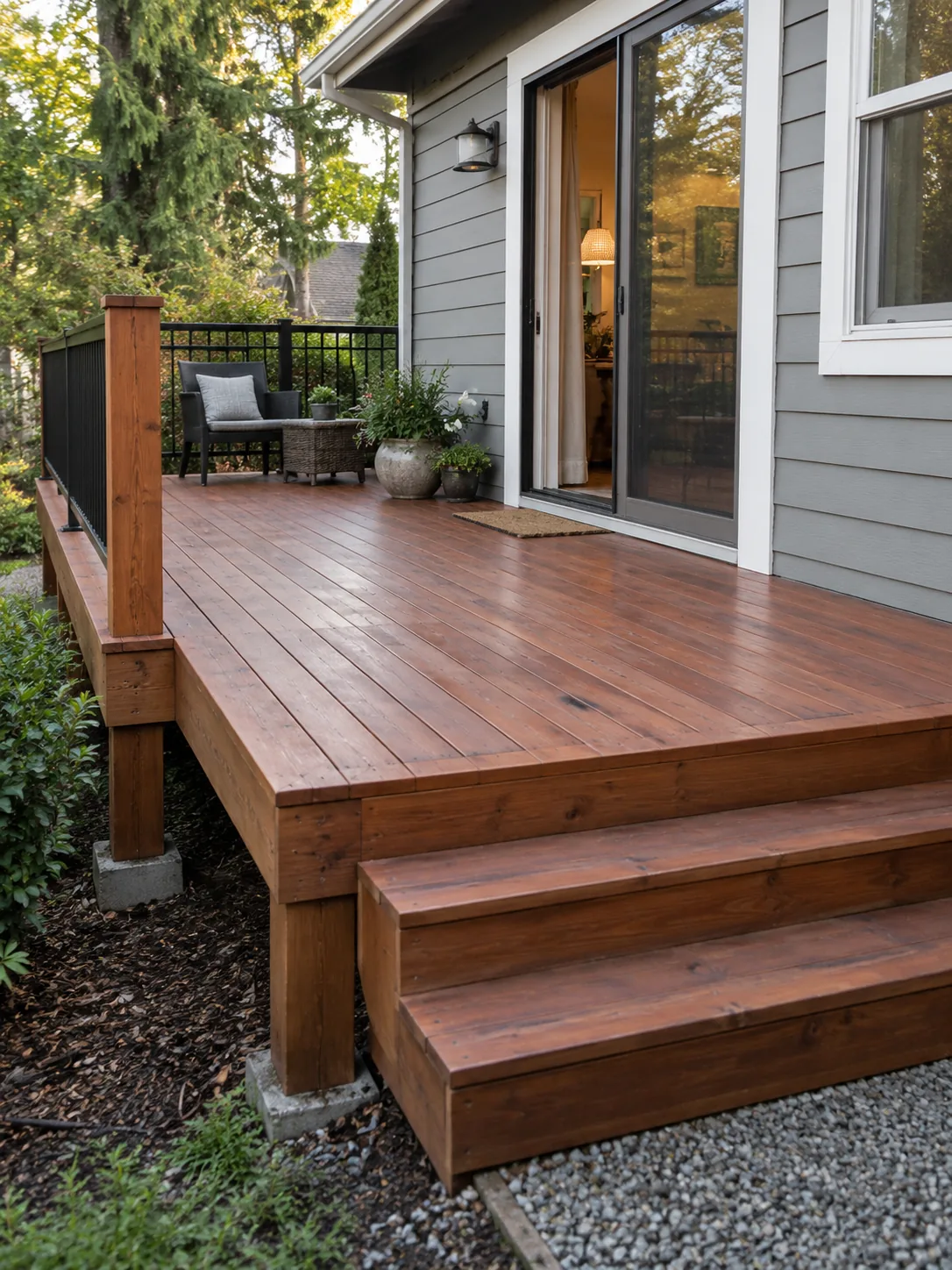 Refinished cedar deck outside a patio door