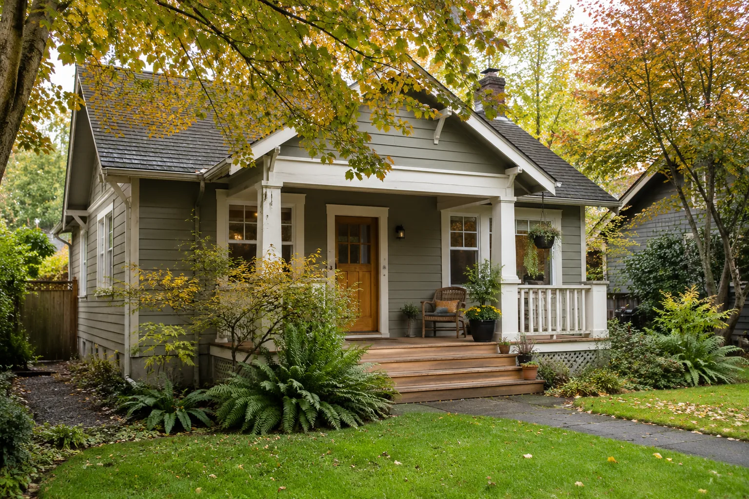 Cottage with a covered porch beneath mature trees