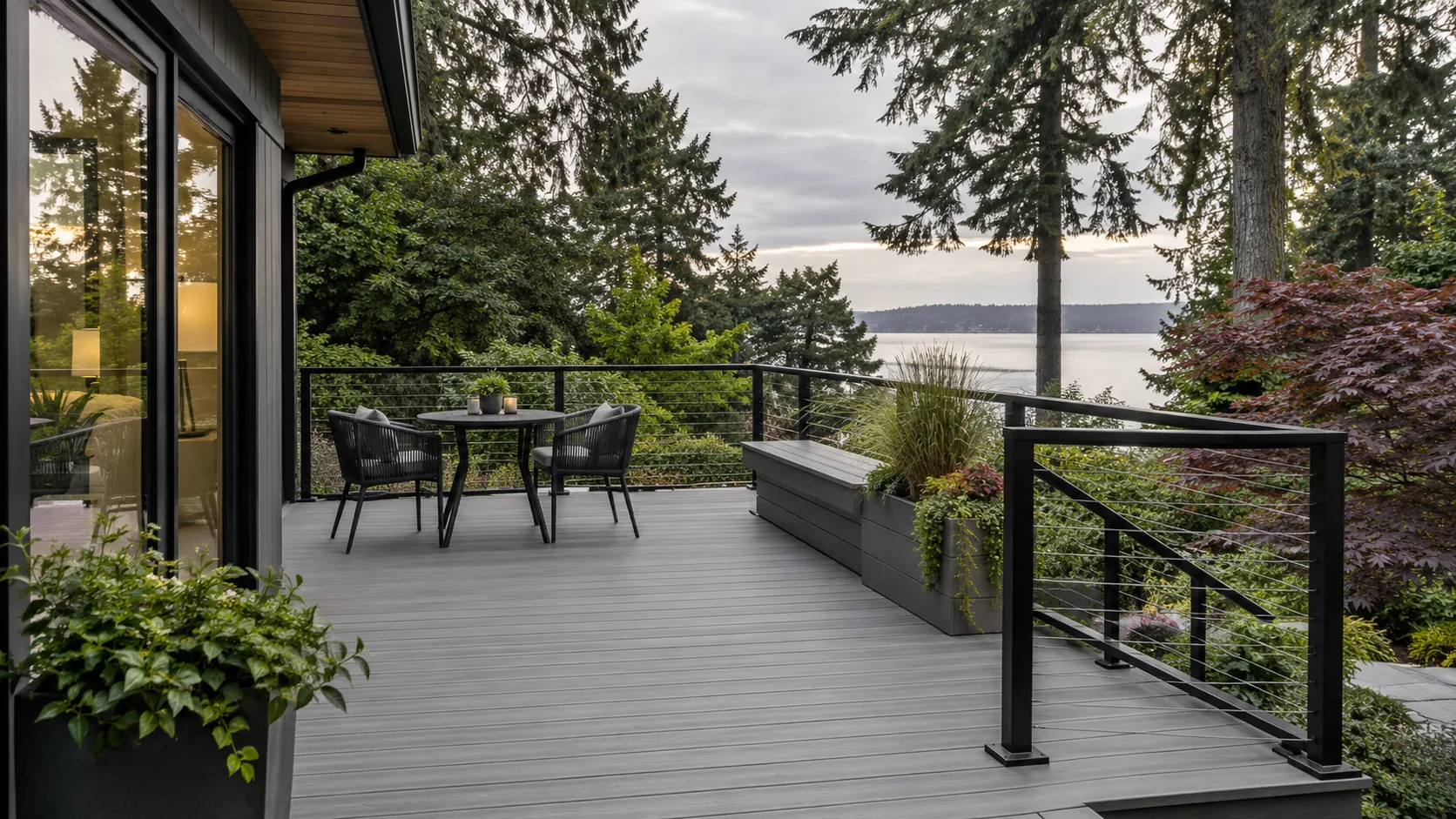 Gray composite deck with a built-in planter and cable railing