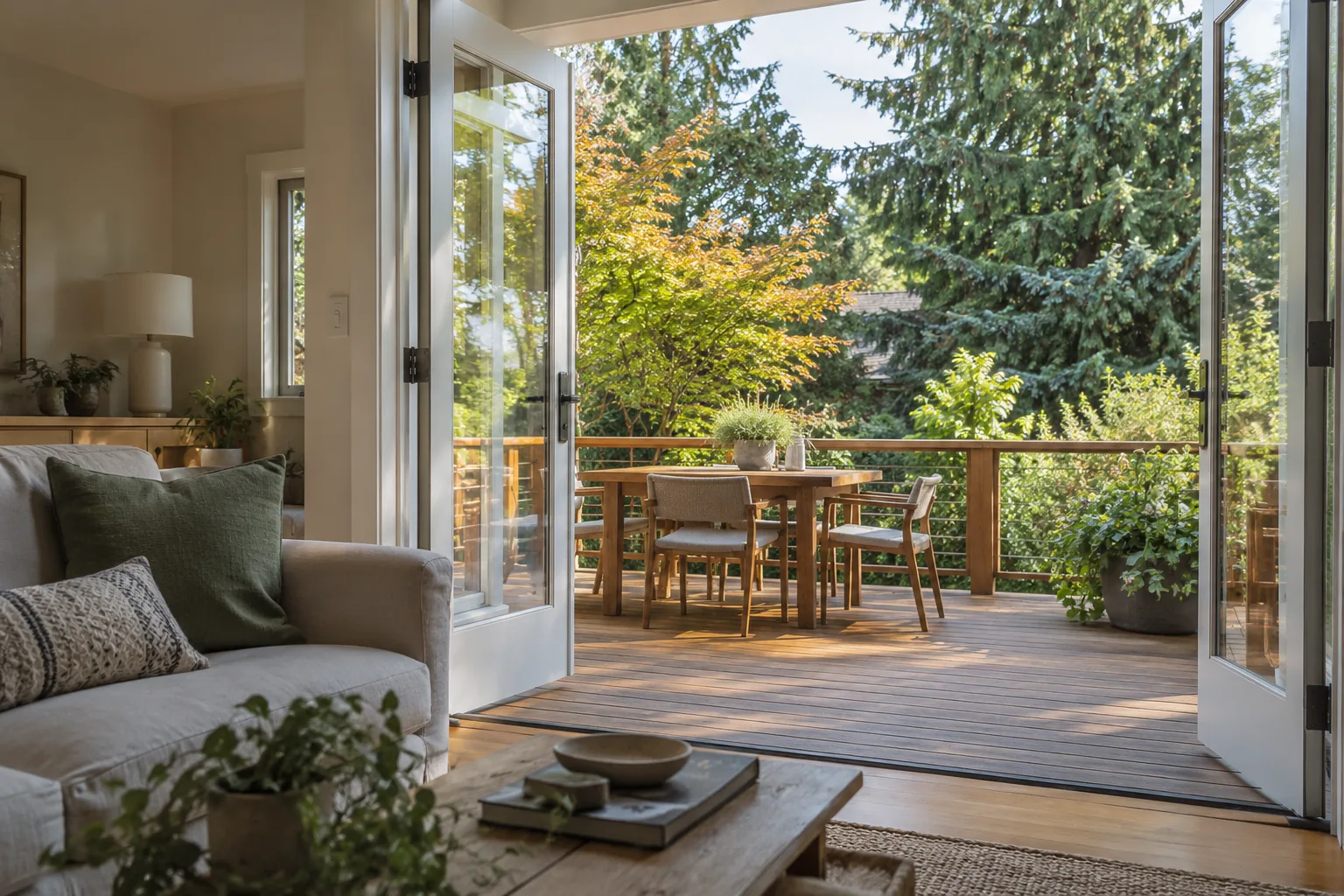 Living room opening onto a cedar deck and green garden