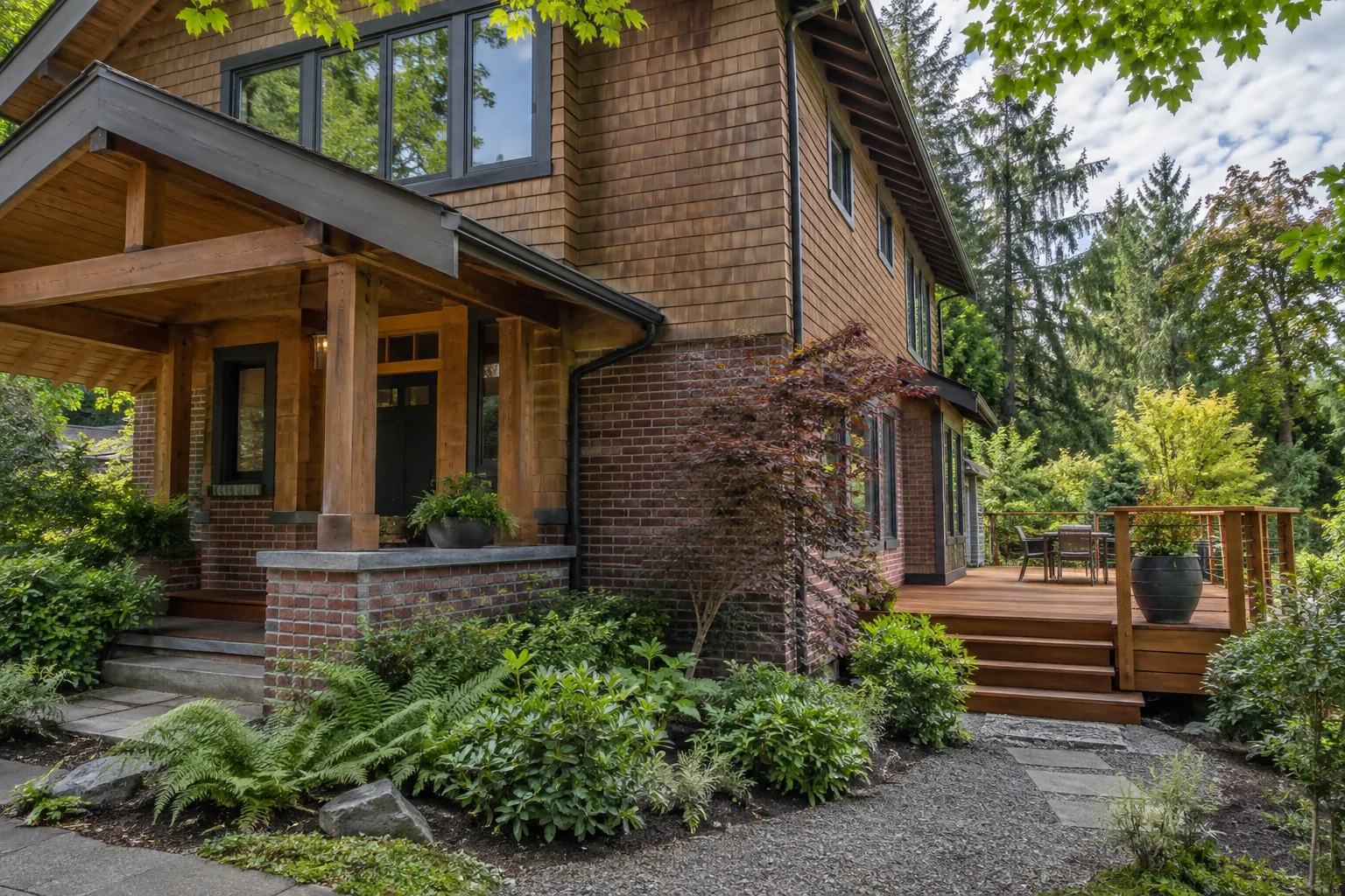 Shingle-sided home with timber porch and garden planting
