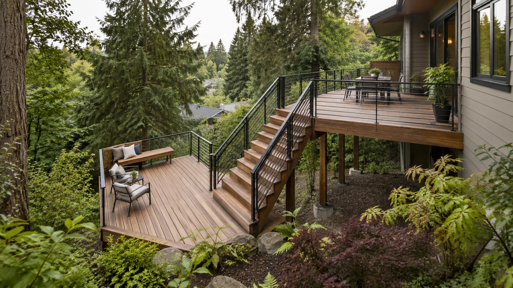 Hardwood deck with metal railing and outdoor seating