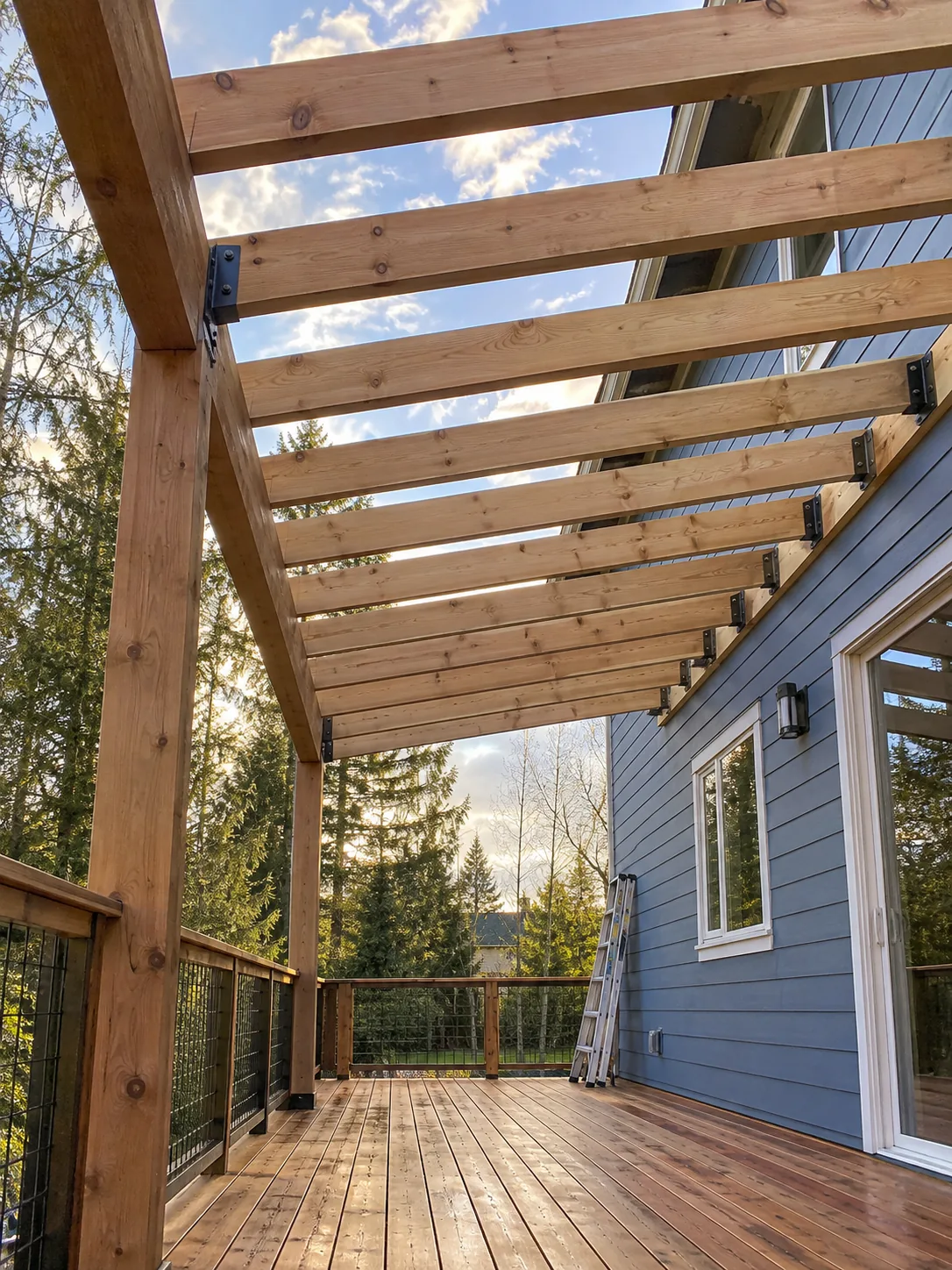 Timber pergola framing above a cedar deck
