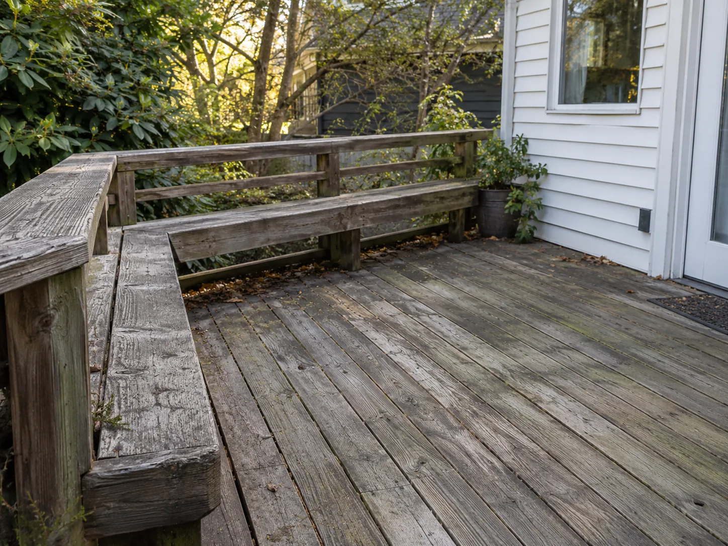 Weathered cedar deck and bench before restoration